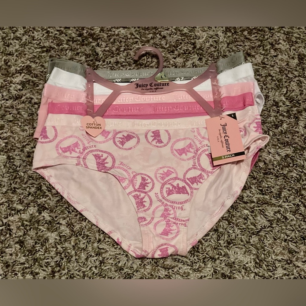 Juicy Couture Girls Large Panties Pack of 5 Cotton Spandex Pink Grey White Crown